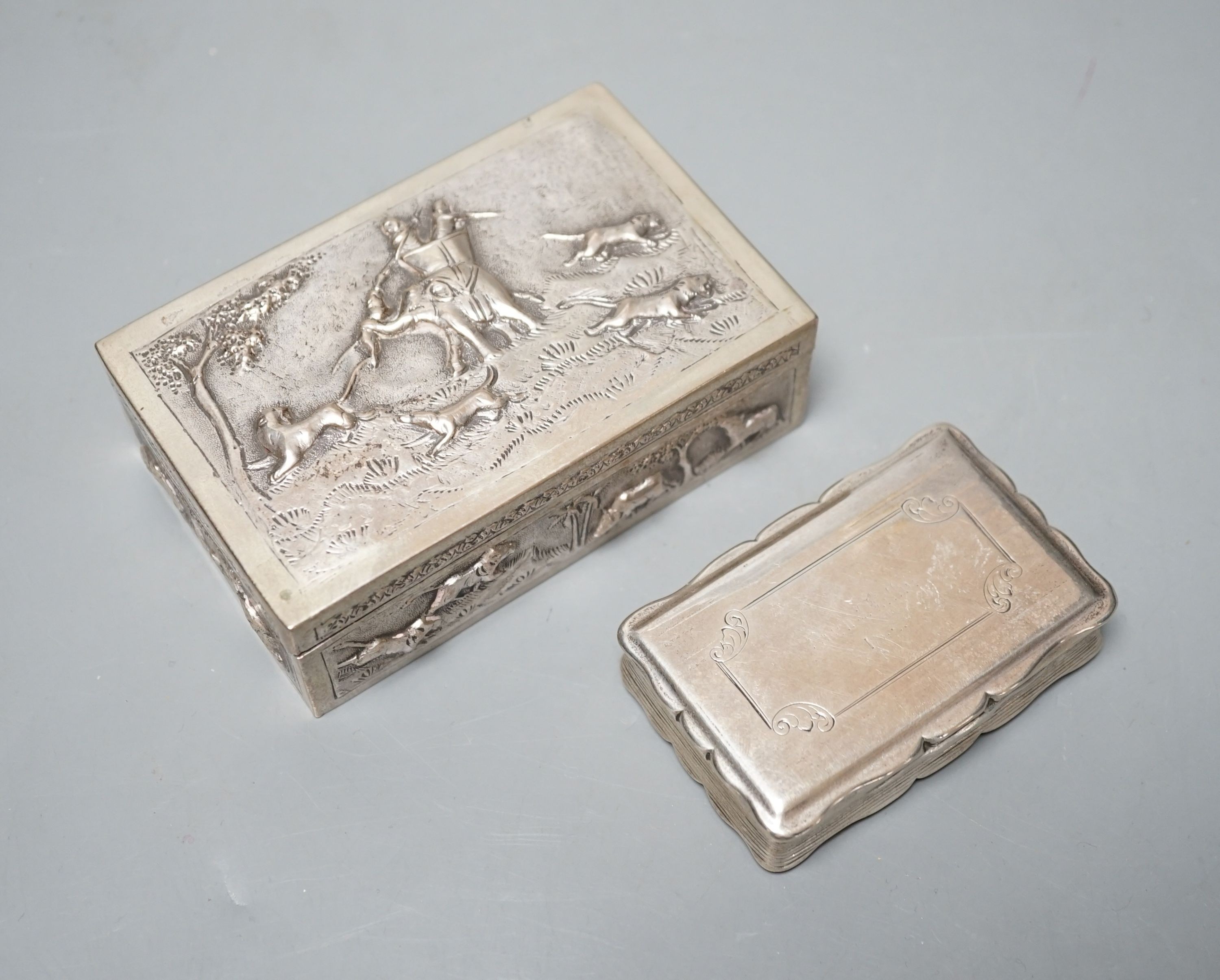 A Victorian silver snuff box, Nathaniel Mills, Birmingham, 1852, 81mm, together with a Indian white metal box.